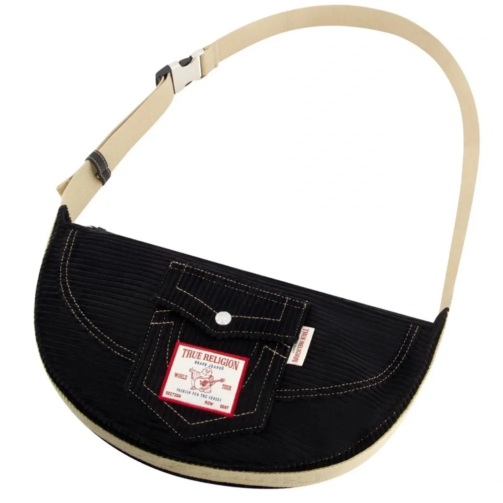 True Religion Black Crescent Shoulder Bag with Cream Strap - Picture 1 of 11